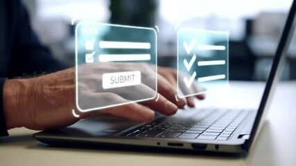 Typing on Laptop with Augmented Reality Form Interface and Submit Button - Powered by Adobe