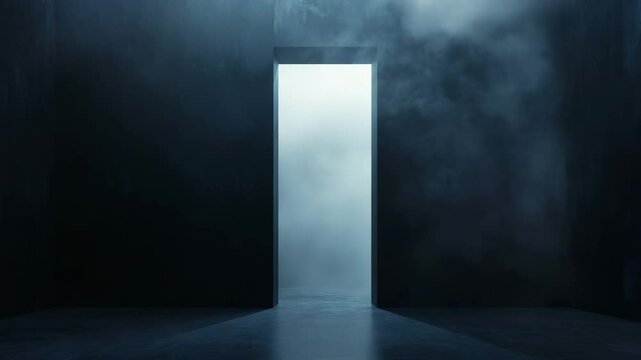 A mysterious doorway illuminated from within by a misty light. The concept of new possibilities and the unknown. A symbol of mystery and transition. Minimalism and anticipation.