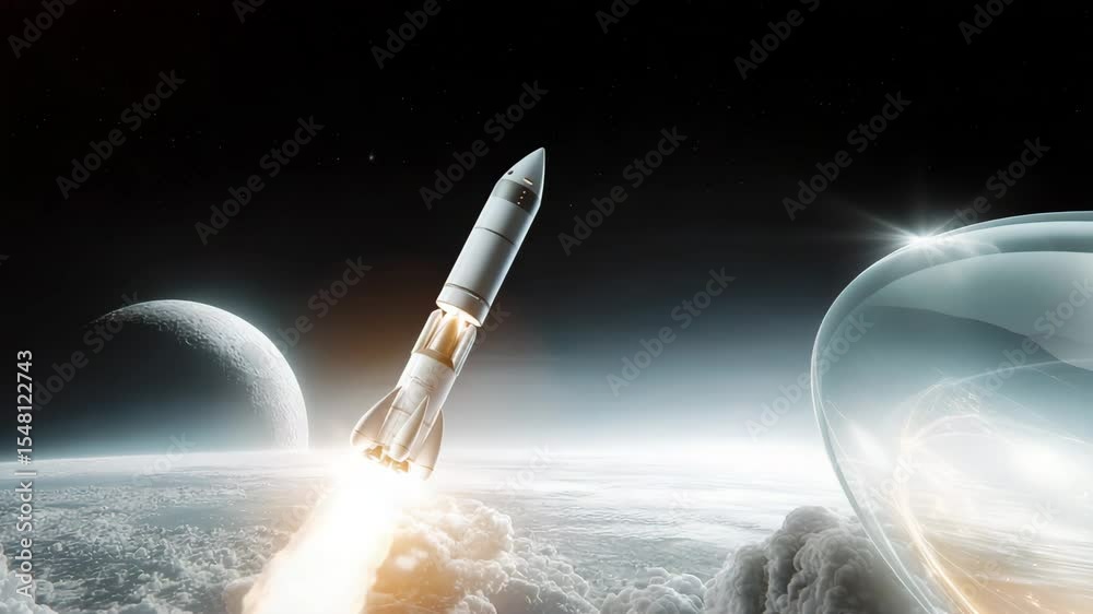 Poster Powerful rocket launch into space, breaking through the earth's atmosphere. Futuristic landscape with planets and space objects.