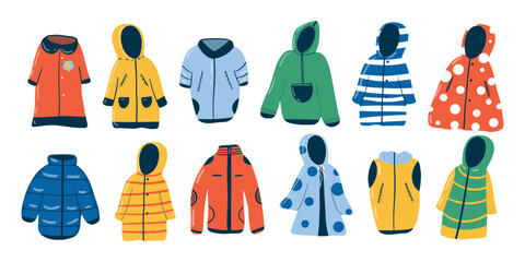 Set of children’s outerwear for rainy day, spring or autumn: coats, jackets, raincoats, vests, windbreakers. Hand-drawn in playful naive style. Isolated design elements. Bright cheerful color palette 