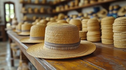 Handcrafted Straw Hats on Display in a Traditional Market
