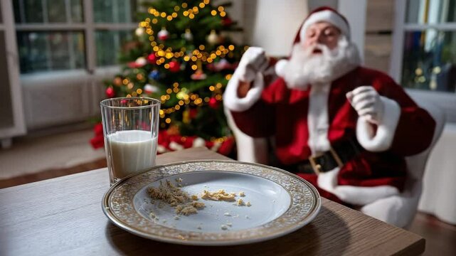 Focus on the plate with cookie crumbs and glass of milk while Santa is in the background rejoicing. Santa Claus enjoys Christmas cookies and milk while sitting by the tree. Festive mood. 