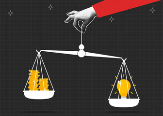 Collage halftone banner with hand holds scales on which light bulb is heavier than coins. Concept that business idea is better than money. Collage poster with halftone elements. Vector.