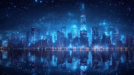 Night Cityscape Reflection, Starry Sky, Metropolis, Neon Lights