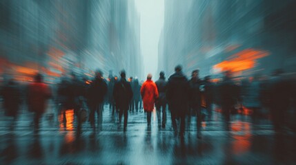 Crowds of blurred pedestrians navigate a bustling city street at twilight. A person in a red coat contrasts starkly against the grey tones of the scene, creating a striking visual impact.
