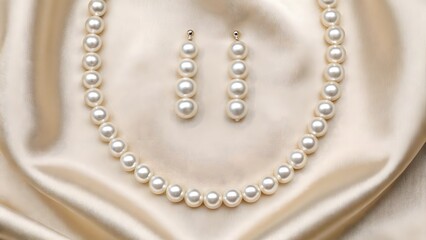 Elegant pearl necklace and earrings set on silk