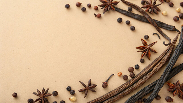 Light brown background and dried vanilla fruits