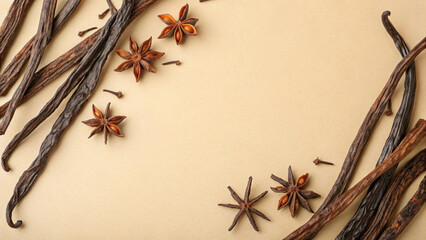 Light brown background and dried vanilla fruits