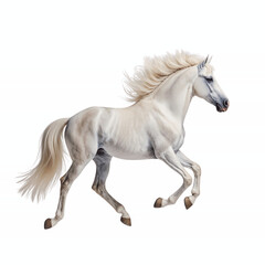  Majestic Horse in Motion: A magnificent, pure white horse, captured mid-stride, embodies elegance and power. The photo showcases the animal's flowing mane and tail against a backdrop of pure sky.