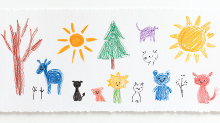 Fototapeta premium Colorful kid's drawings depicting animals, trees, and sun, celebrating childhood creativity and imagination.