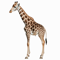 Naklejka premium Majestic Giraffe in Profile: A towering giraffe stands gracefully, showcasing its unique patterned coat and long neck. Its striking features, from its expressive eyes to its elegant posture.