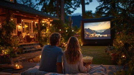 Couples gather in a beautifully lit garden for an outdoor movie night. They sit on blankets, sharing popcorn while watching a film projected onto a large screen.
