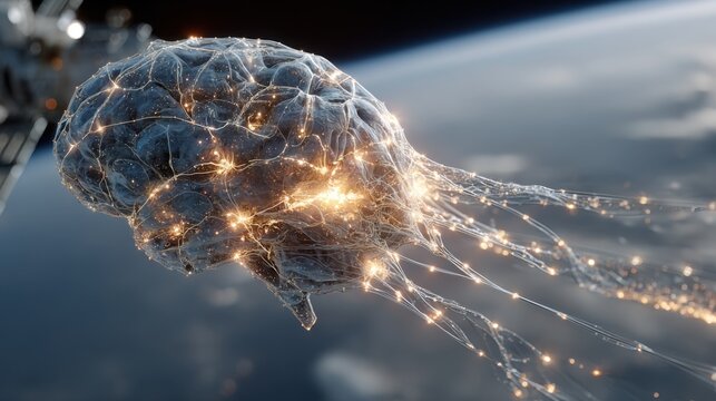 A brain suspended in the cosmos emits bright neural connections, highlighting the fusion of science and technology. This surreal vision suggests advanced cognitive exploration in deep space.