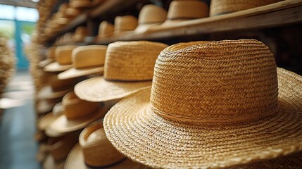 Handcrafted Straw Hats on Display in a Traditional Market