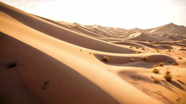 Desert dunes landscape with mountains and vegetation under a clear sky, sand texture and patterns visible, warm light
