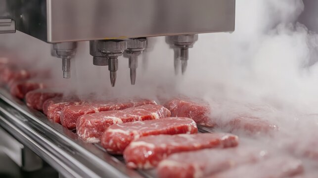 Flow wrapping machine sealing meat cuts, chamber filled with light mist and steam vapor