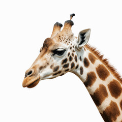 Naklejka premium Giraffe Portrait: Close-up of a Giraffe's head and neck against a white background, showcasing its unique spotted coat and gentle expression.