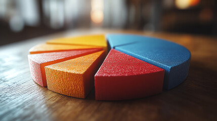 Colorful pie chart segments displaying data visualization concept on a wooden table, exemplifying analytical insights and presentation.