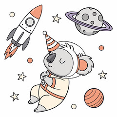 Creative SVG: Peaceful Koala with wearing a party hat in a Cosmic Pastels colored Space explorer theme