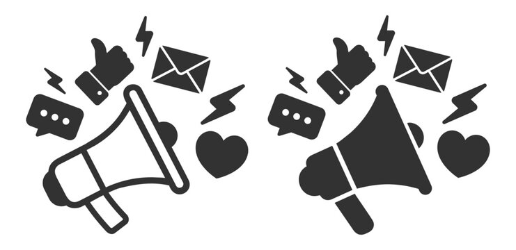 Megaphone with social media elements like message, like, heart, chat, and email icon on transparent background