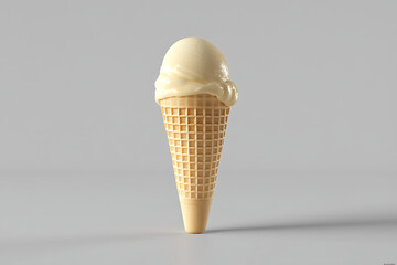 Single scoop of creamy vanilla ice cream in a textured waffle cone on a simple gray background mockup