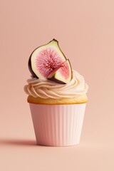 Elegant cupcake with pink frosting topped with a fresh fig slice, set against a soft pink background. Ideal for bakery, dessert, and pastel-themed food photography.