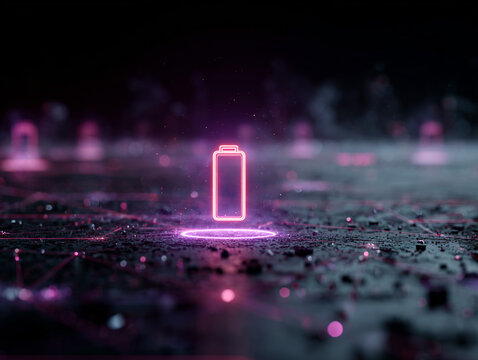 Futuristic glowing battery icon in a digital network background, generated image