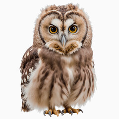 Fototapeta premium Wise Owl's Perch: An up-close shot of a striking owl, with piercing gaze and intricate feather patterns, conveys wisdom and observation. This image captures the essence of natural beauty.