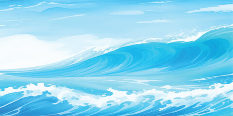 Realistic Soft Blue Ocean Wave Background with Subtle White Foam, Transparent Layers, and Artistic Watercolor Blending, Flat Style Blue Tsunami-Inspired Water Splash Scene with Gentle Gradient Effects