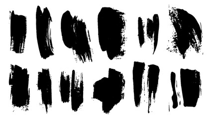 Different brush strokes in black paint on a white background. Brush strokes vector collection featuring clean, textured. Black ink brush strokes collection isolated on white background. 