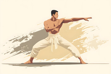Obraz premium Muscular Man in Beige Martial Arts Gi Executing a Karate Strike Against a Beige and Gray Brushstroke Background