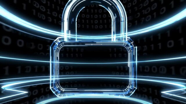 Technology fingerprint inside lock glows. Technology protection in virtual world. Technology lock secures private data. Digital fingerprint ensures protection. Futuristic lock for technology identity