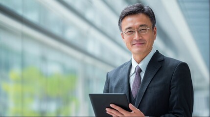 タブレットを持つビジネスマンのポートレート（男性・クローズアップ・コピースペース）