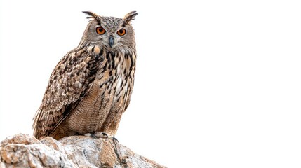 Naklejka premium Eagle-owl perched on rock against white