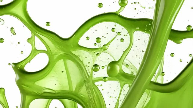 Vibrant green liquid splash with droplets on white background. Food, liquid, splash, green, color, vivid, drink.