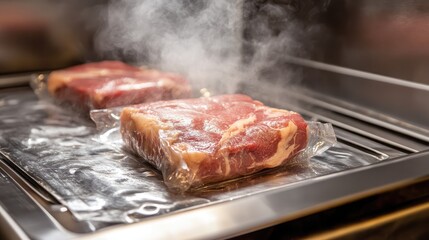 Industrial vacuum packaging machine sealing raw meat cuts as steam rises from the heat sealing element