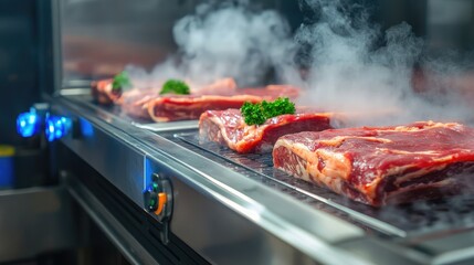 Industrial vacuum packaging machine sealing raw meat cuts as steam rises from the heat sealing element