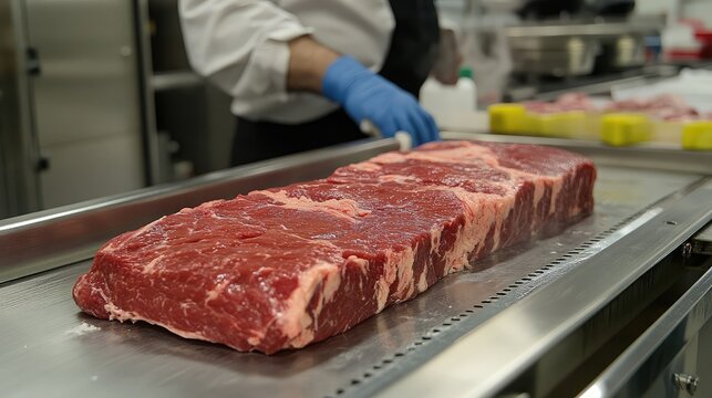 Inline meat packaging station with automated vacuum press and cloudy sealing steam