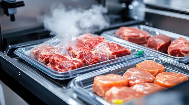 Inline meat packaging station with automated vacuum press and cloudy sealing steam