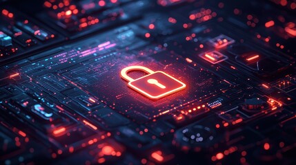 Fototapeta premium Circuit board with glowing padlock; security concept; technology background; illustration