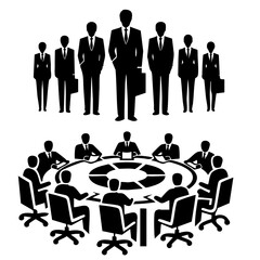 A business team in a minimalist style in black and white colors representing teamwork and leadership