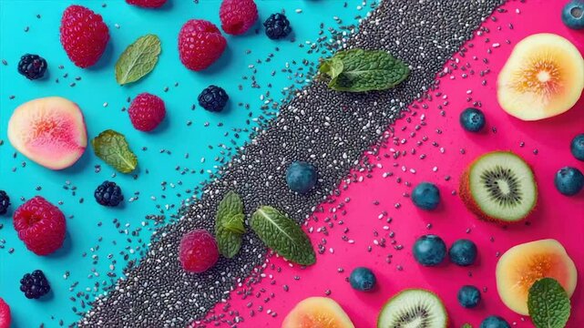 Vibrant flatlay of chia seeds, berries, and figs on a pink and blue background