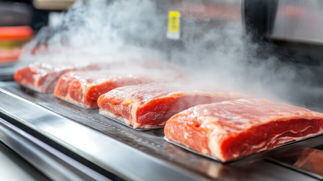 Meat processing facility showing vacuum sealer working at high speed with steam visible at sealing point - Powered by Adobe