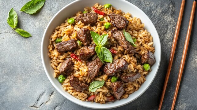 Minimalist presentation of beef fried rice in a white bowl on a gray stone background with chopsticks