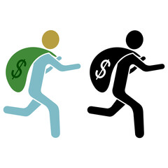 icon of person running away with money bag, simple flat style, vector illustration, symbol, design logo template pictogram, for ui or ux isolated on white for mobile app, editable