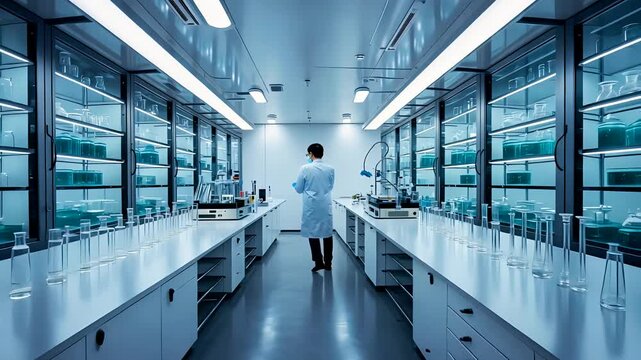 Scientist Walking in Modern Laboratory with Bright White Lights and Clean Glass Surfaces