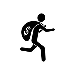 icon of person running away with money bag, simple flat style, vector illustration, symbol, design logo template pictogram, for ui or ux isolated on white for mobile app, editable