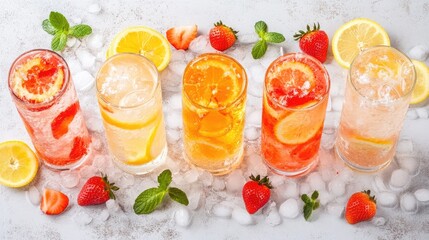 Orange, lemon, and strawberry drinks displayed on crushed ice in an elegant summer layout
