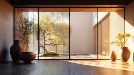 Fototapeta premium Sunlit minimalist Japanese living room with shoji screens and garden view. Warm wood floors and soft shadows. Calm focus and mindful productivity. Ideal for wellness branding and interior design