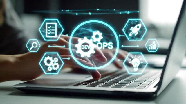 DevOps Concept on Laptop, Software Development and IT Operations Workflow Animation